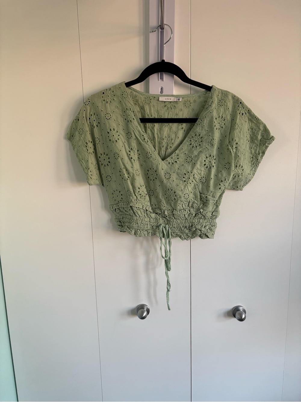 Lush Sage Green Eyelet V-Neck Cropped Top with Drawstring